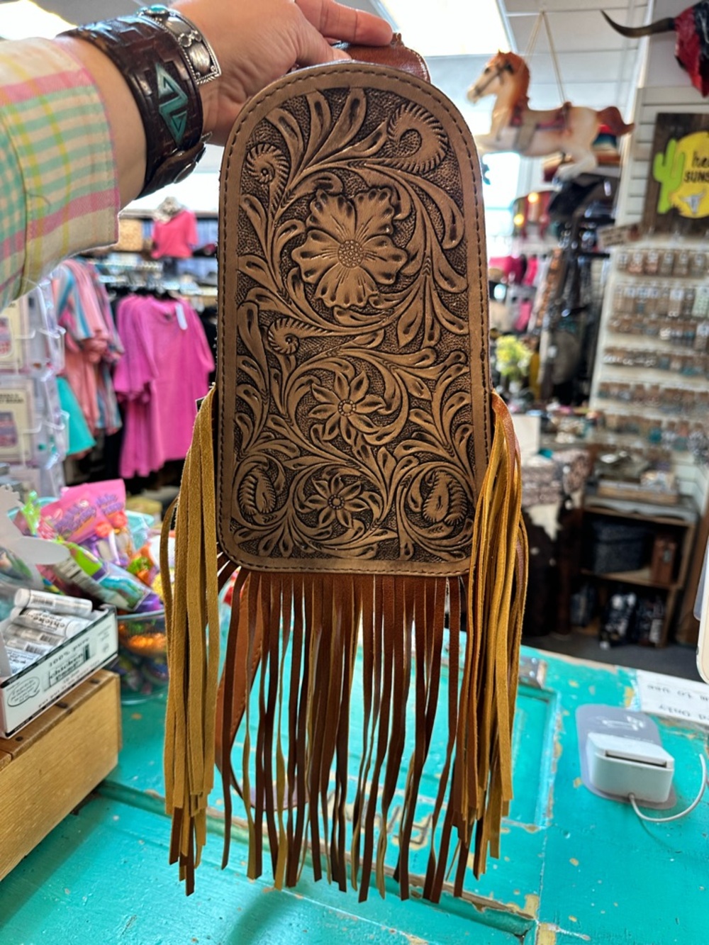 NEW Brown Tooled Leather & Fringe Sling Bag